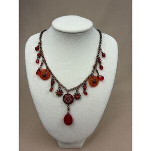 Vintage 1990s Antique Copper & Ruby Red Glass Charm Fringe Necklace